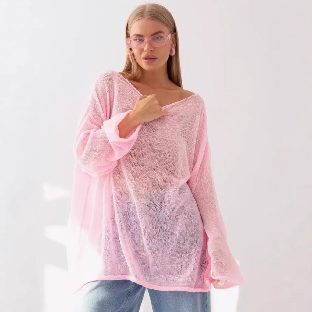 Damen luftige Strickbluse mit offenen Schultern und weiten Ärmeln