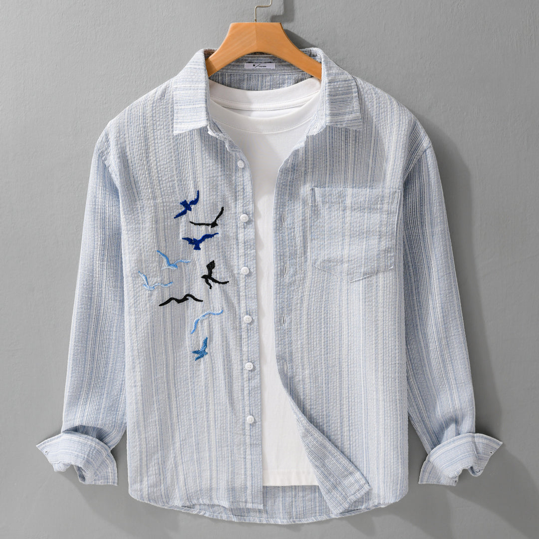 Herren Leichtes gestreiftes Overshirt aus Leinen-Baumwollmix mit Vogelstickerei Shop Nory