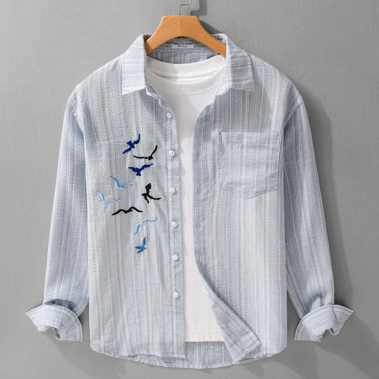 Herren Leichtes gestreiftes Overshirt aus Leinen-Baumwollmix mit Vogelstickerei Shop Nory