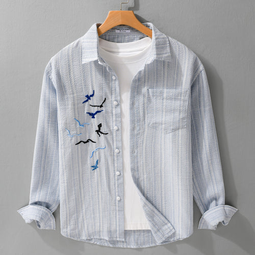 Herren Leichtes gestreiftes Overshirt aus Leinen-Baumwollmix mit Vogelstickerei Shop Nory