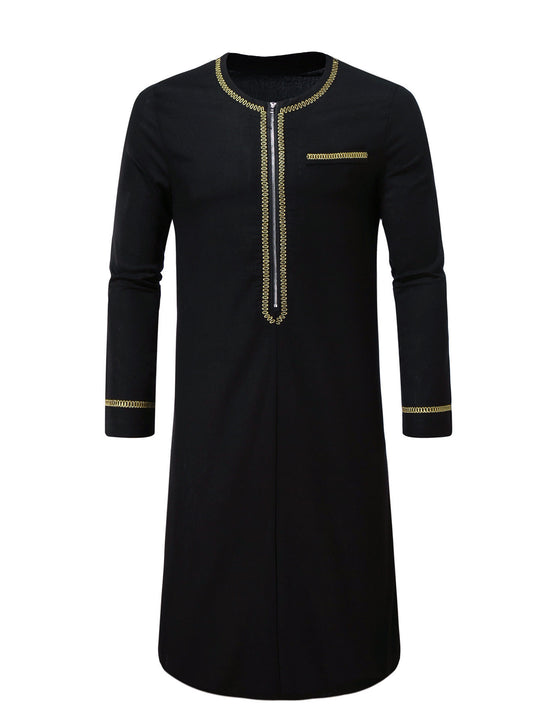Herren Elegante Langtunika mit Rundhalsausschnitt, Frontreißverschluss und goldener Zierstickerei Shop Nory