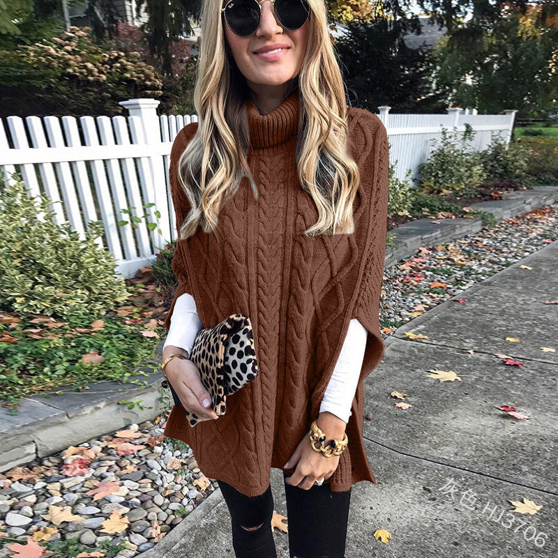 Damen nan kastiger Strickponcho mit hohem Rollkragen, Zopfstruktur und seitlichen Schlitzen Shop Nory
