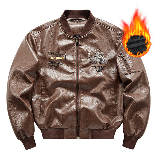 Herren Kunstleder‑Bomberjacke mit wärmender Fleece‑Innenfütterung, Motorrad‑Stickerei und Ärmeltasche Shop Nory