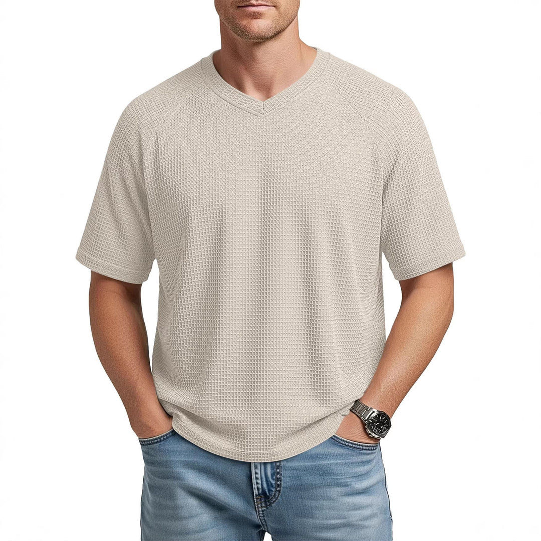Herren nan lässiges V-Ausschnitt Waffelstrick-T-Shirt aus atmungsaktivem Baumwollmix