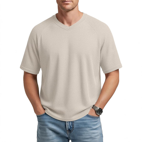 Herren nan lässiges V-Ausschnitt Waffelstrick-T-Shirt aus atmungsaktivem Baumwollmix