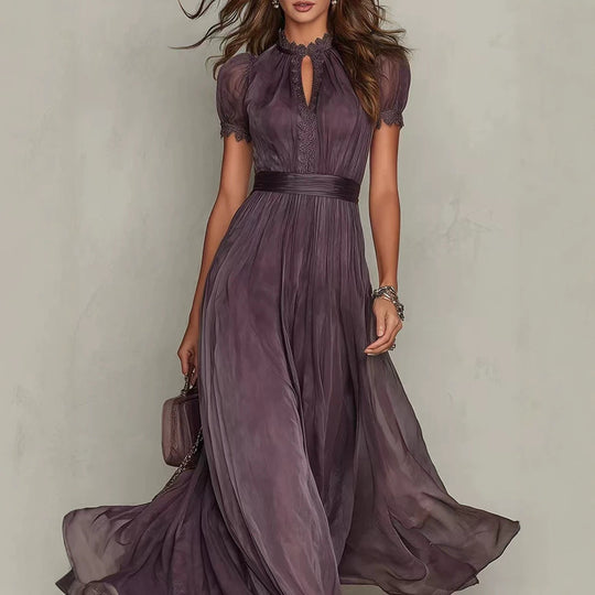 Damen nan langes Chiffon-Abendkleid mit Spitzen‑Stehkragen, Schlüsselöffnung und taillierter Schärpe
