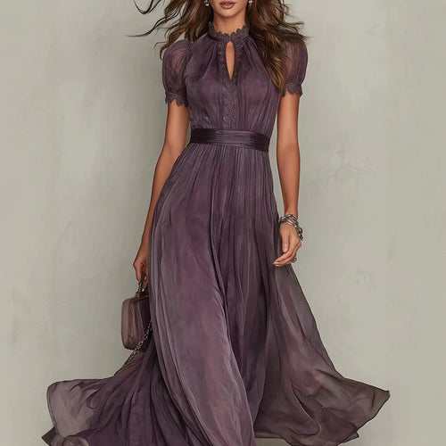 Damen nan langes Chiffon-Abendkleid mit Spitzen‑Stehkragen, Schlüsselöffnung und taillierter Schärpe