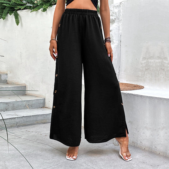 Damen Weite Palazzo-Hose mit elastischem Bund, Seitenschlitz und Zierknopfleiste Shop Nory