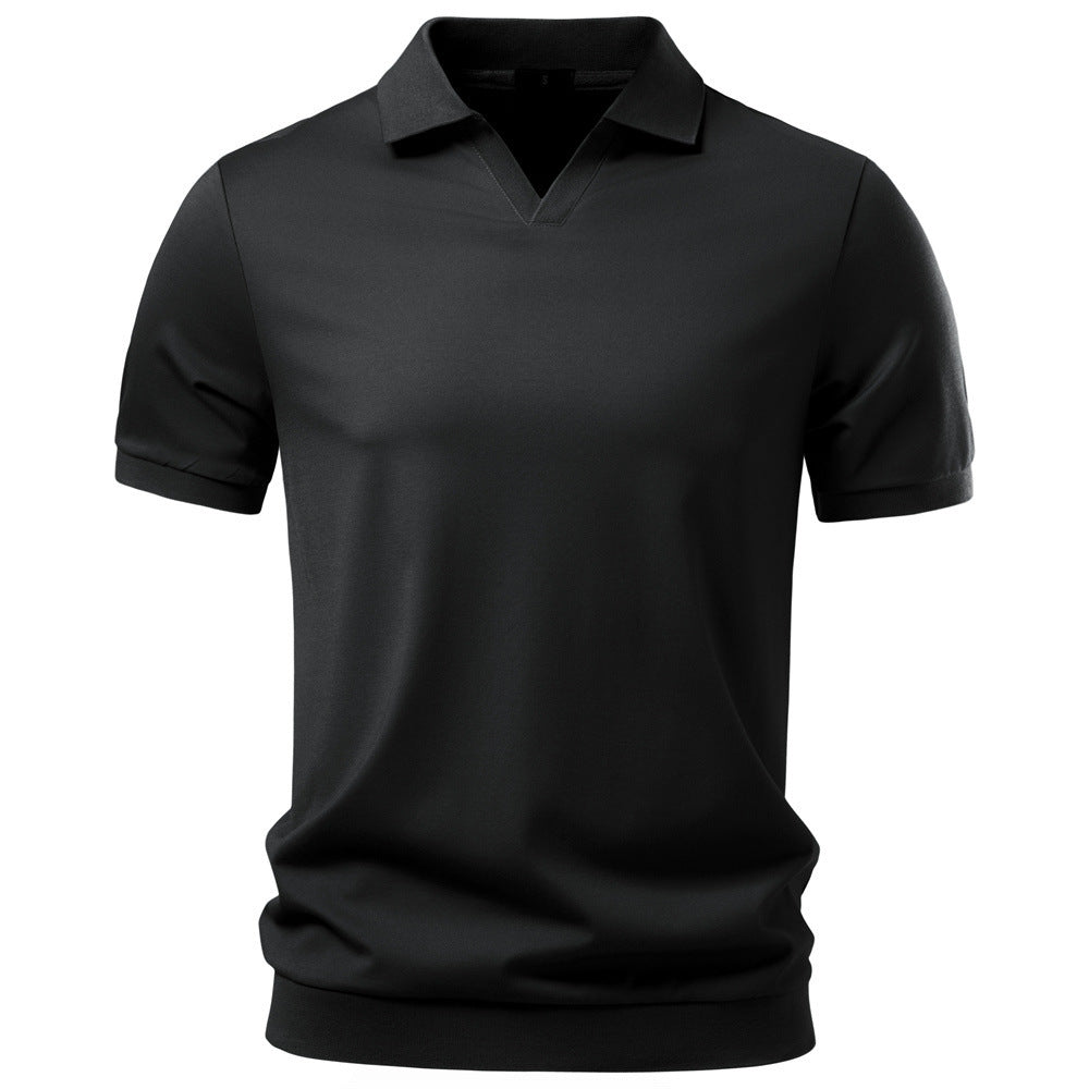 Herren nan feinstrickiges Kurzarm-Poloshirt mit offenem V-Kragen und elastischem Saum