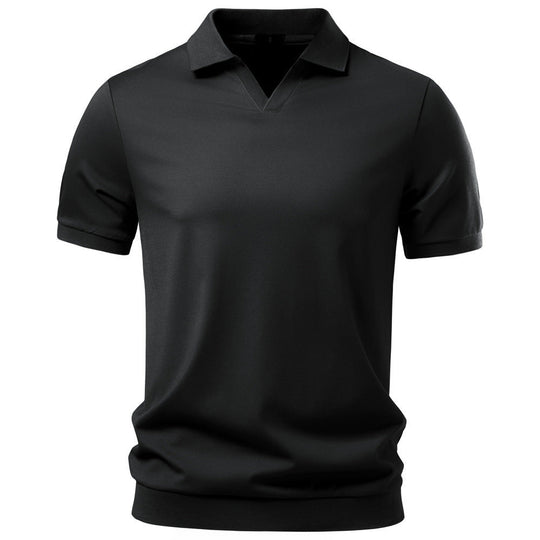 Herren nan feinstrickiges Kurzarm-Poloshirt mit offenem V-Kragen und elastischem Saum