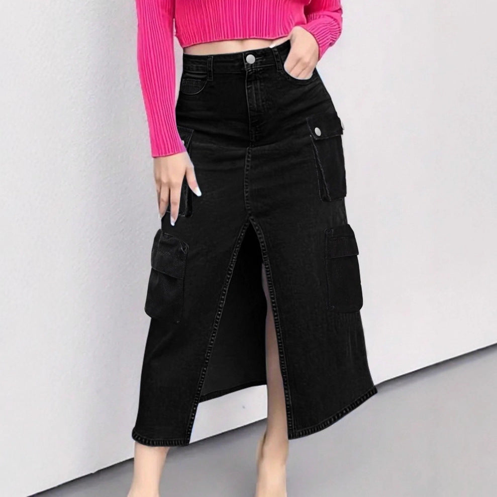 Damen hoher Taillen‑Cargo‑Denim‑Midirock mit Frontschlitz und Pattentaschen Shop Nory