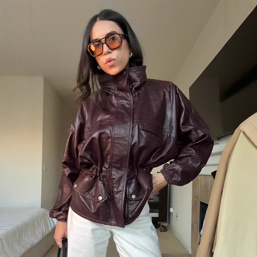 Damen Oversize Lederimitat-Blouson mit hohem Stehkragen und Taillenzug Shop Nory