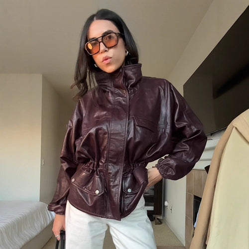 Damen Oversize Lederimitat-Blouson mit hohem Stehkragen und Taillenzug Shop Nory