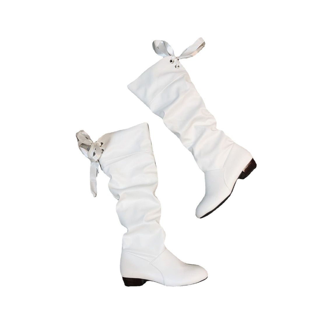 Damen Schaftstiefel kniehoch mit gerafftem Schaft, Bandkordel und niedrigem Blockabsatz Shop Nory
