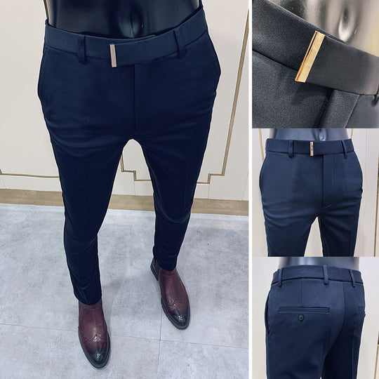 Herren schmale elegante Anzughose mit dezenter Goldschließe und Bügelfalte Shop Nory