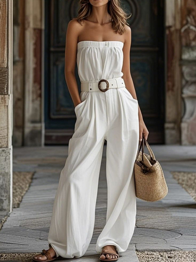 Damen Lässiger Jumpsuit mit Gürtel und weitem Bein Shopnory