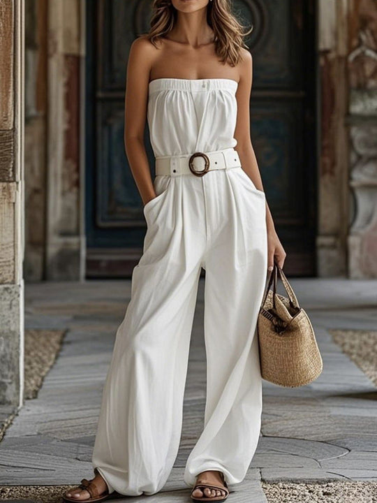Damen Lässiger Jumpsuit mit Gürtel und weitem Bein Shopnory