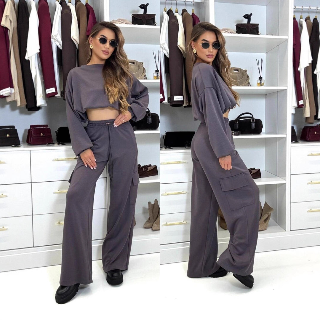 Damen kurzes Oversize-Sweatshirt mit weitem Cargo-Hose Lounge-Set Shop Nory