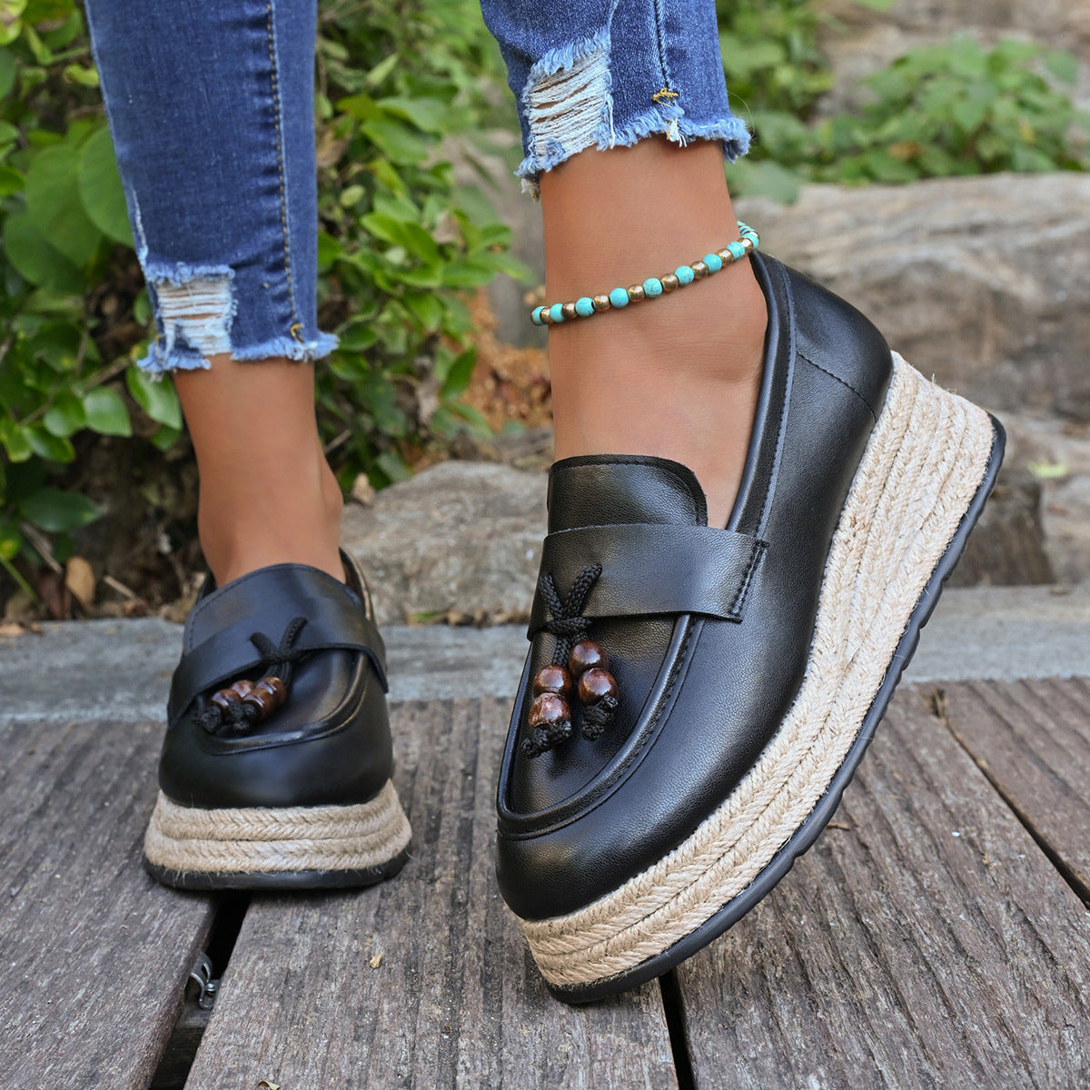Damen Espadrilles mit modischer Schnürung und geflochtenem Boden