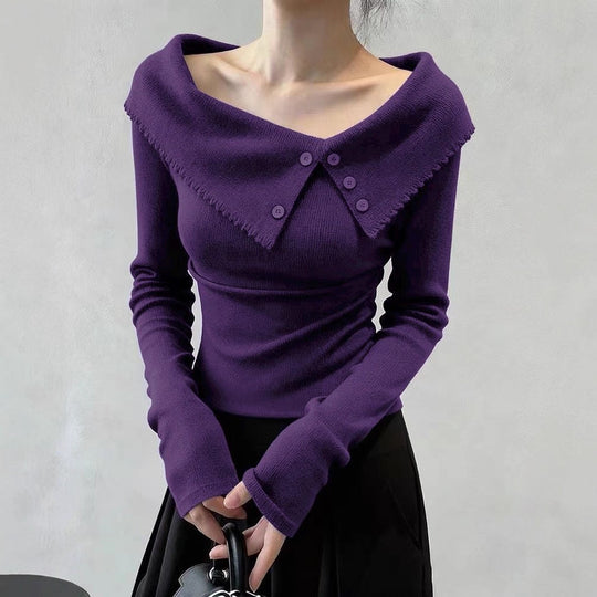 Damen Eleganter Pullover mit weitem Kragen und Knopfdetails Shop Nory
