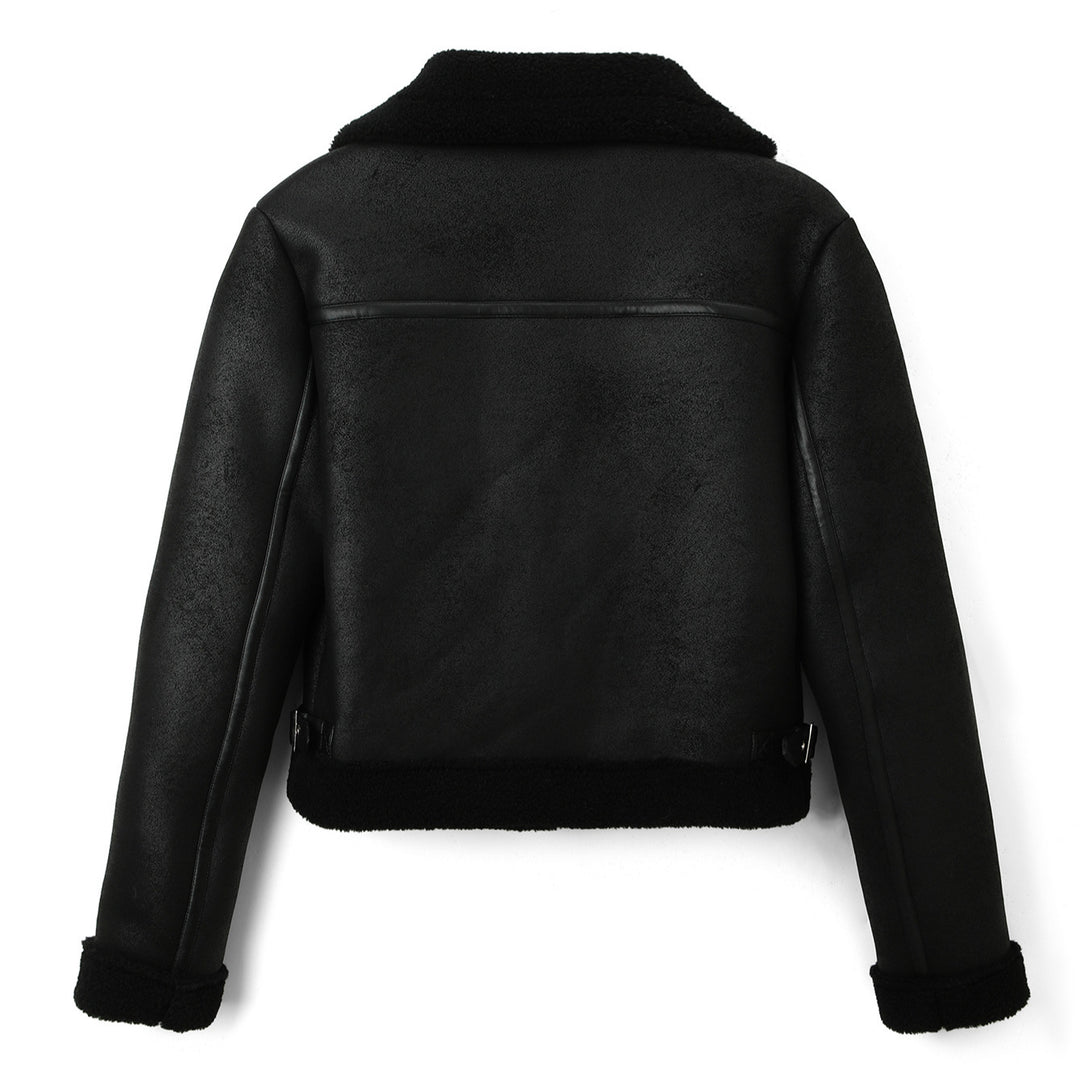 Damen Cropped-Fliegerjacke aus Lammfelloptik mit asymmetrischem Reißverschluss Shop Nory
