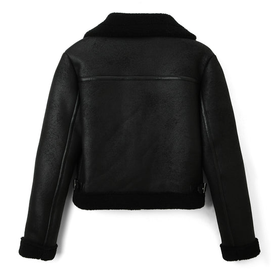 Damen Cropped-Fliegerjacke aus Lammfelloptik mit asymmetrischem Reißverschluss Shop Nory