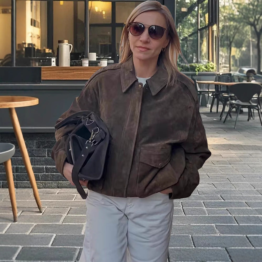 Damen modische Wildlederjacke mit Oversized-Schnitt