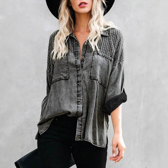 Damen Oversize-Denimbluse mit gesteppter Passe, Knopfleiste und aufgesetzten Brusttaschen Shop Nory