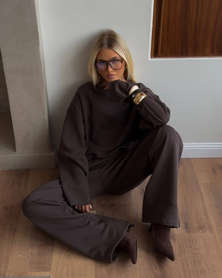 Damen kastiges Sweatstoff-Set mit weichem Rundhalsausschnitt und weiter Kordelbundhose Shop Nory