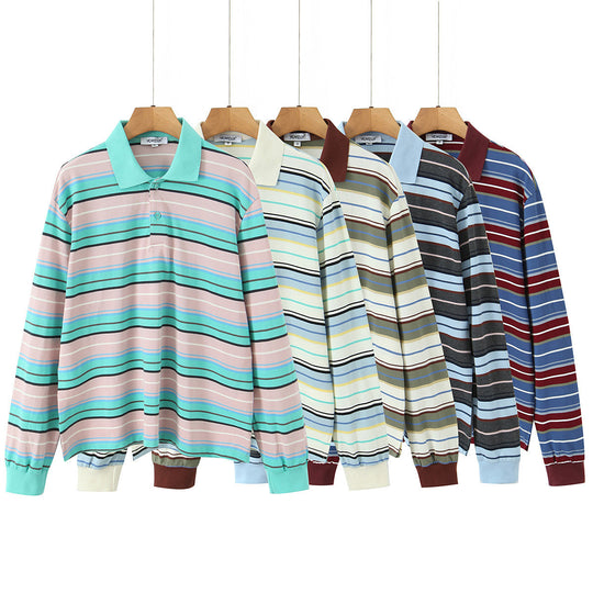 Herren Langärmeliges Poloshirt im Retro-Streifenmuster mit Rippbündchen und Knopfleiste Shop Nory