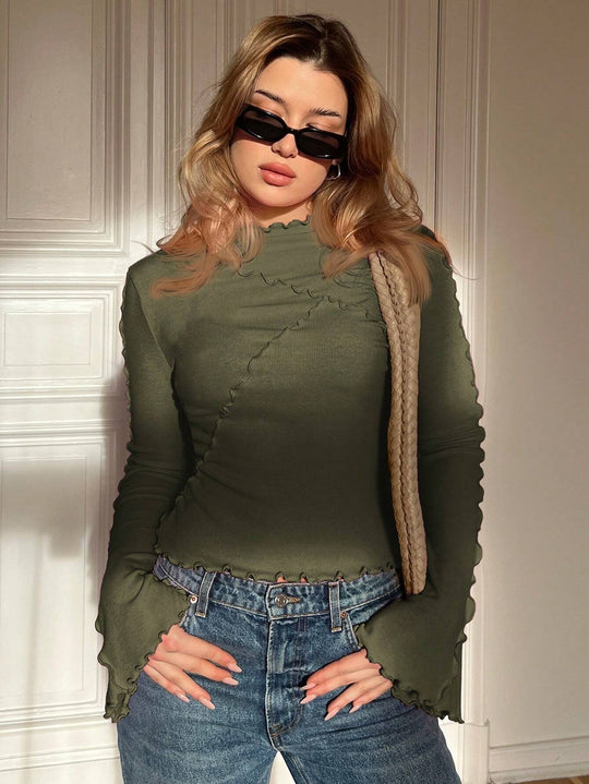Damen Geripptes Langarmshirt mit Rüschen-Saum und Stehkragen Shop Nory