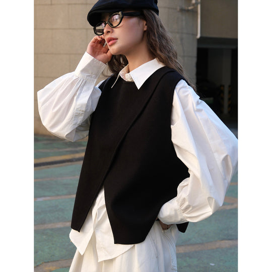 Damen Asymmetrische Strickweste mit drapiertem Vorderteil und Rundhals Shop Nory