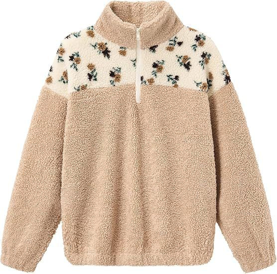 Damen Teddy-Fleece-Pullover mit Stehkragen, floralem Besatz und halbem Reißverschluss Shop Nory