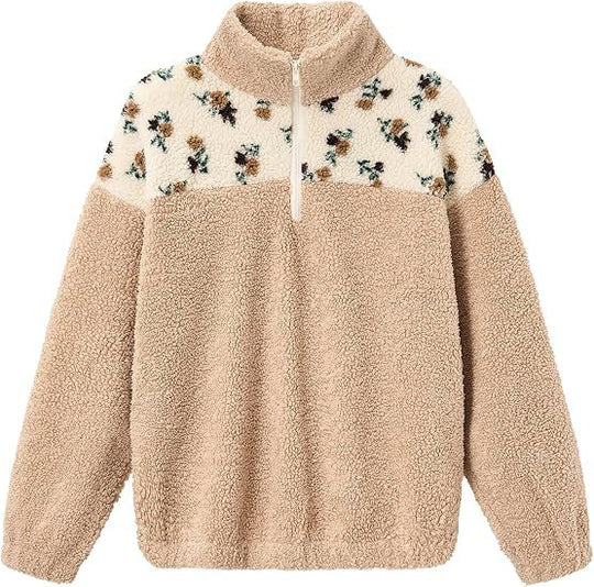 Damen Teddy-Fleece-Pullover mit Stehkragen, floralem Besatz und halbem Reißverschluss Shop Nory