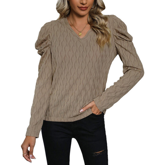 Damen Feinstrickpullover mit V-Ausschnitt und gerafften Ballonärmeln Shop Nory