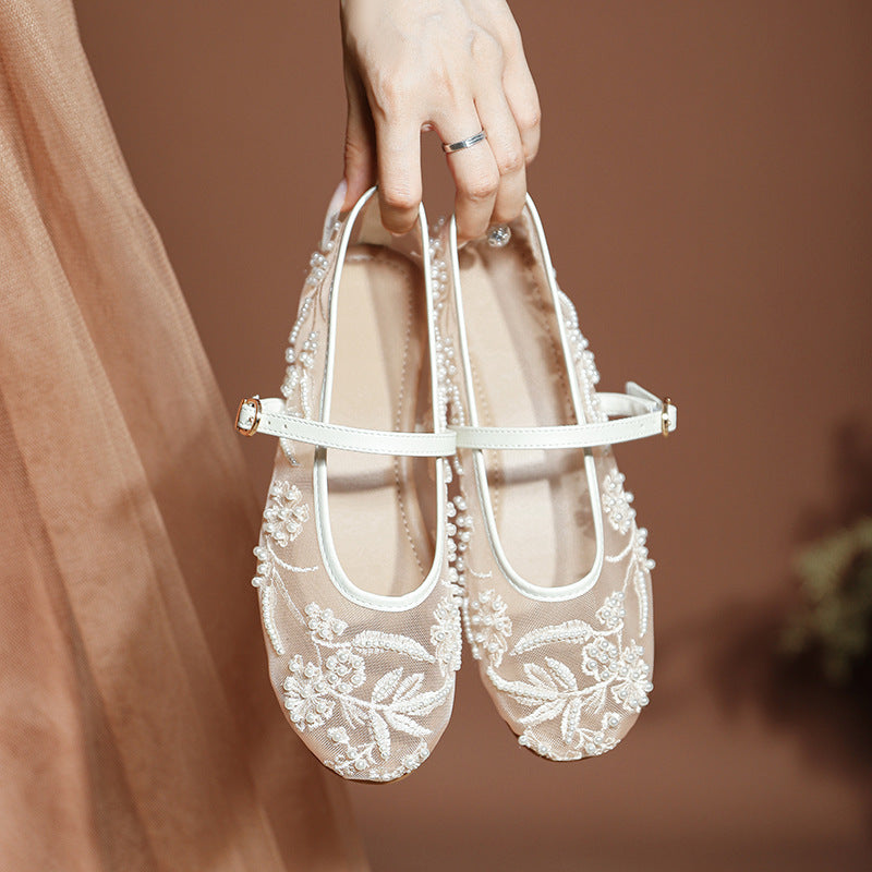 Damen Ballerinas mit floralem Stickereibesatz