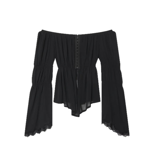 Damen Schulterfreies Chiffon-Top mit Carmen-Ausschnitt, geraffter Taille und voluminösen Volantärmeln Shop Nory