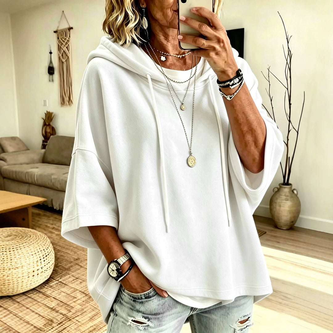 Damen Kurzarm-Oversize-Hoodie mit Kapuze und Kontrastkordel Shop Nory