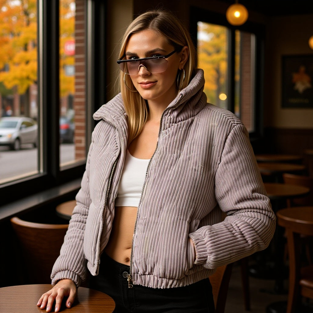Damen Gepolsterte Cord-Steppjacke mit Stehkragen und elastischem Saum Shop Nory