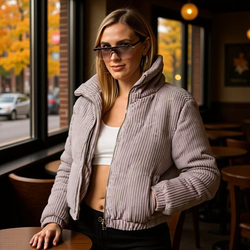 Damen Gepolsterte Cord-Steppjacke mit Stehkragen und elastischem Saum Shop Nory