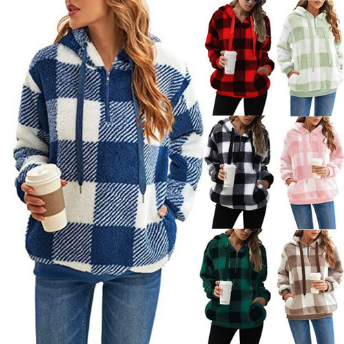 Damen Oversized Sherpa-Hoodie im Karomuster mit halbem Reißverschluss und Kängurutasche Shop Nory
