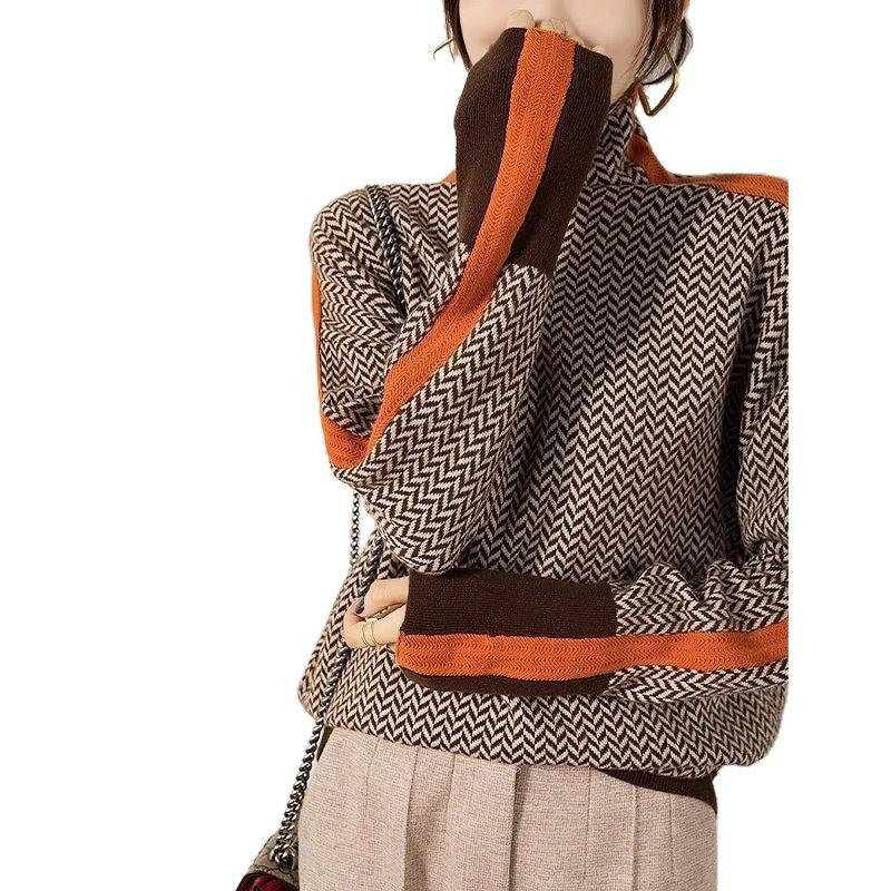 Damen Hochwertiger Rollkragenpullover mit Chevron-Muster