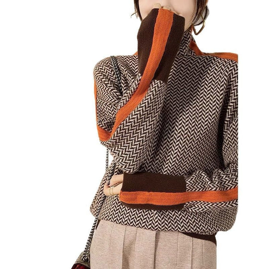 Damen Hochwertiger Rollkragenpullover mit Chevron-Muster