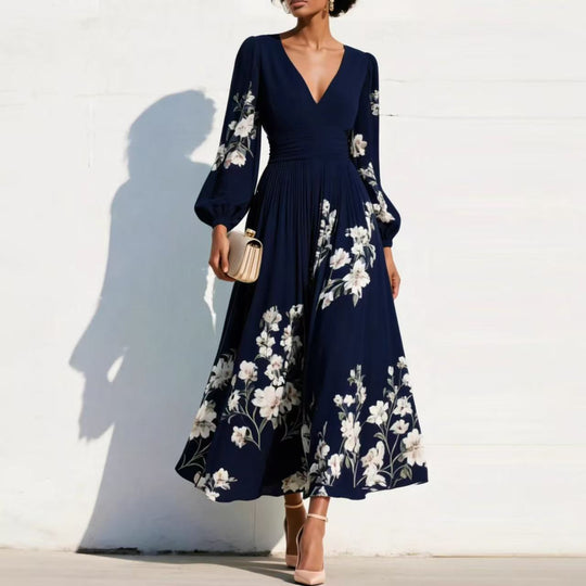 Damen Chiffon-Midikleid mit V‑Ausschnitt, geraffter Taille und floralem Plissee-Rock Shop Nory