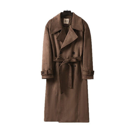 Herren Maxilanger Trenchcoat aus Velourslederoptik mit Doppelreihe und Taillenband Shop Nory