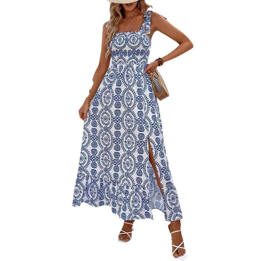 Damen Maxikleid mit Smok-Bustier, Bindeträgern und seitlichem Beinschlitz Shop Nory