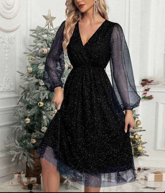 Damen Festliches Midikleid aus Glitzer‑Chiffon mit V‑Ausschnitt, tailliertem Gummibund und Ballonärmeln Shop Nory