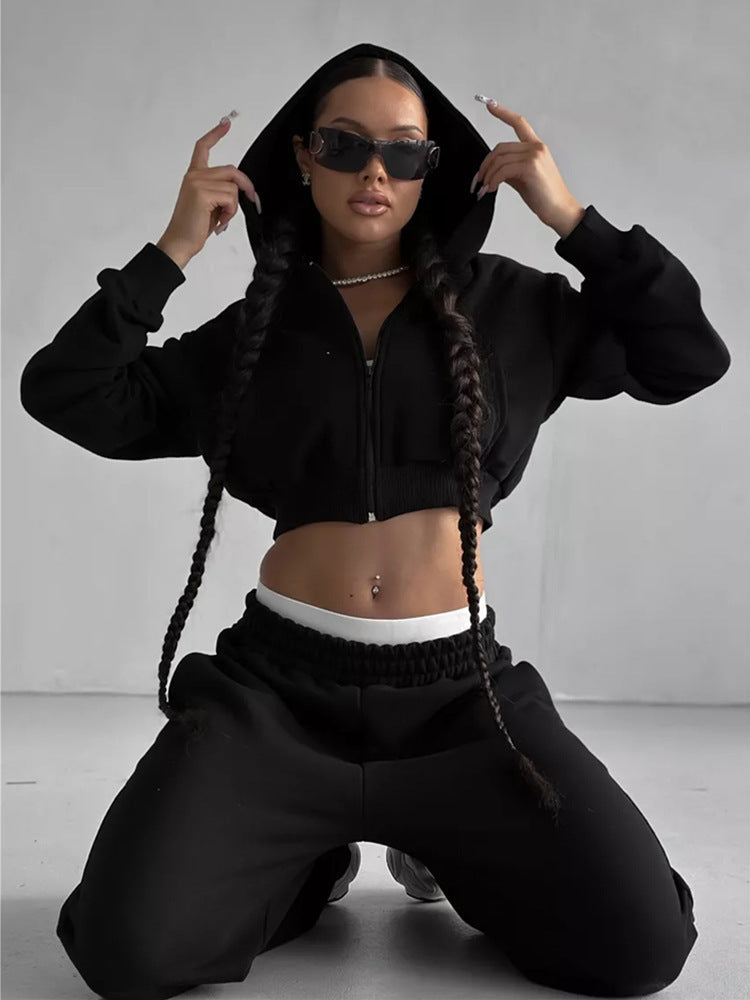 Damen moderner Cropped Hoodie und weite Jogginghose Set Shopnory