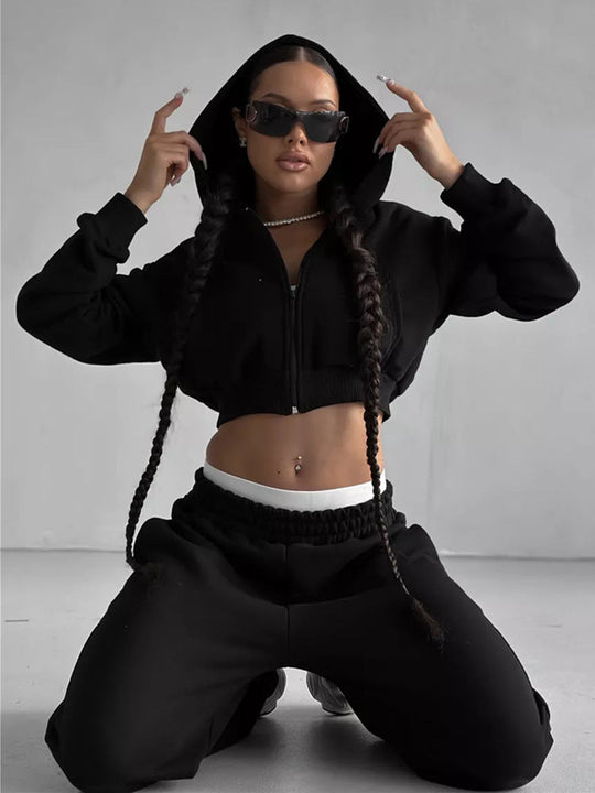 Damen moderner Cropped Hoodie und weite Jogginghose Set Shopnory
