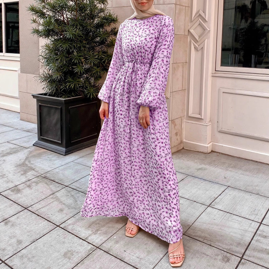 Damen Geblümtes Maxikleid mit Kordel-Taille und Ballonärmeln Shop Nory